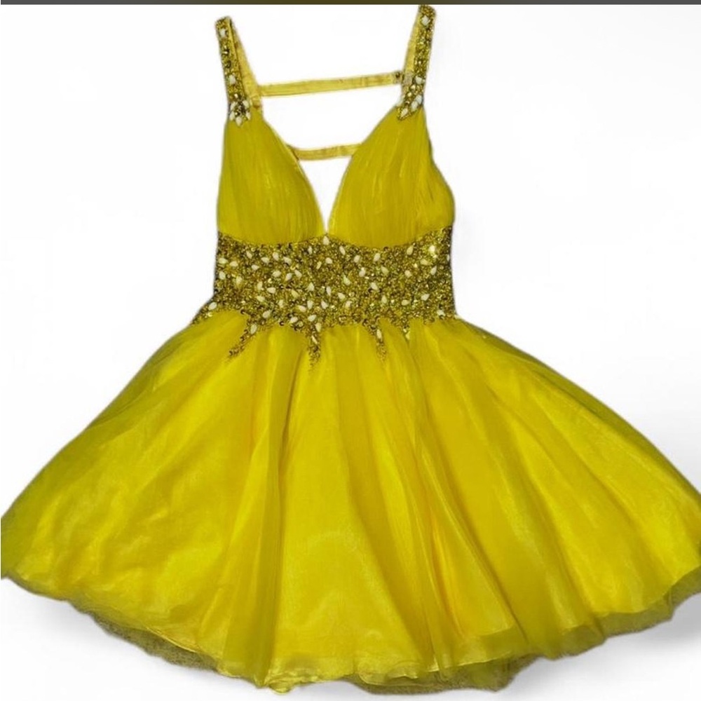 Yellow beaded mini homecoming dress